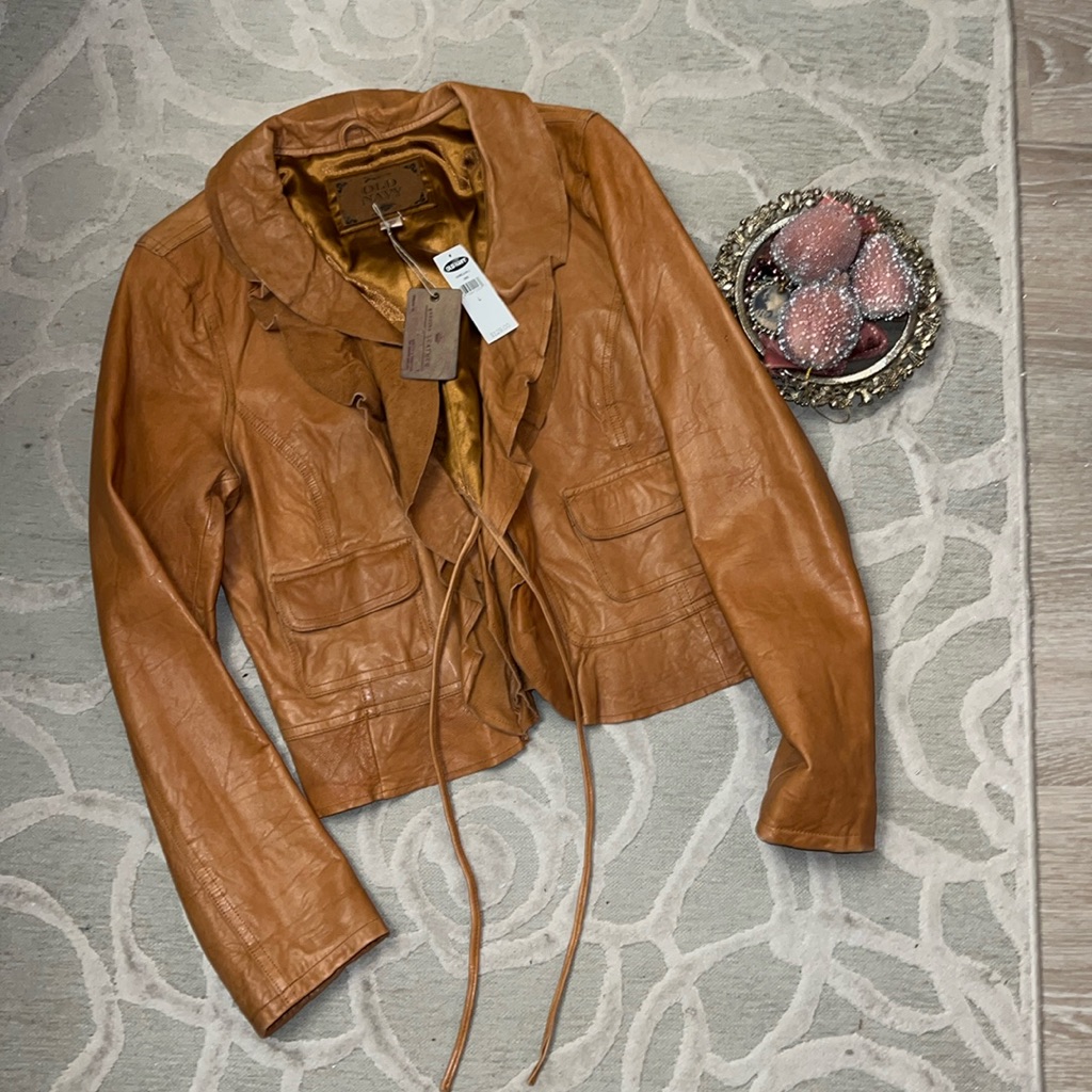 Nwtold Navytan Leather Ruffle Collar Tie Front Lined Jacket